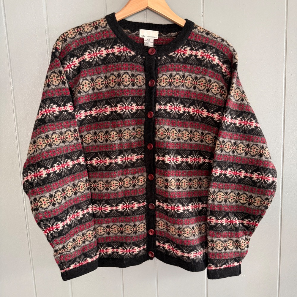 Vintage Shetland Wool Fair Isle Cardigan Sweater Large Nordic Cabin Black & Red